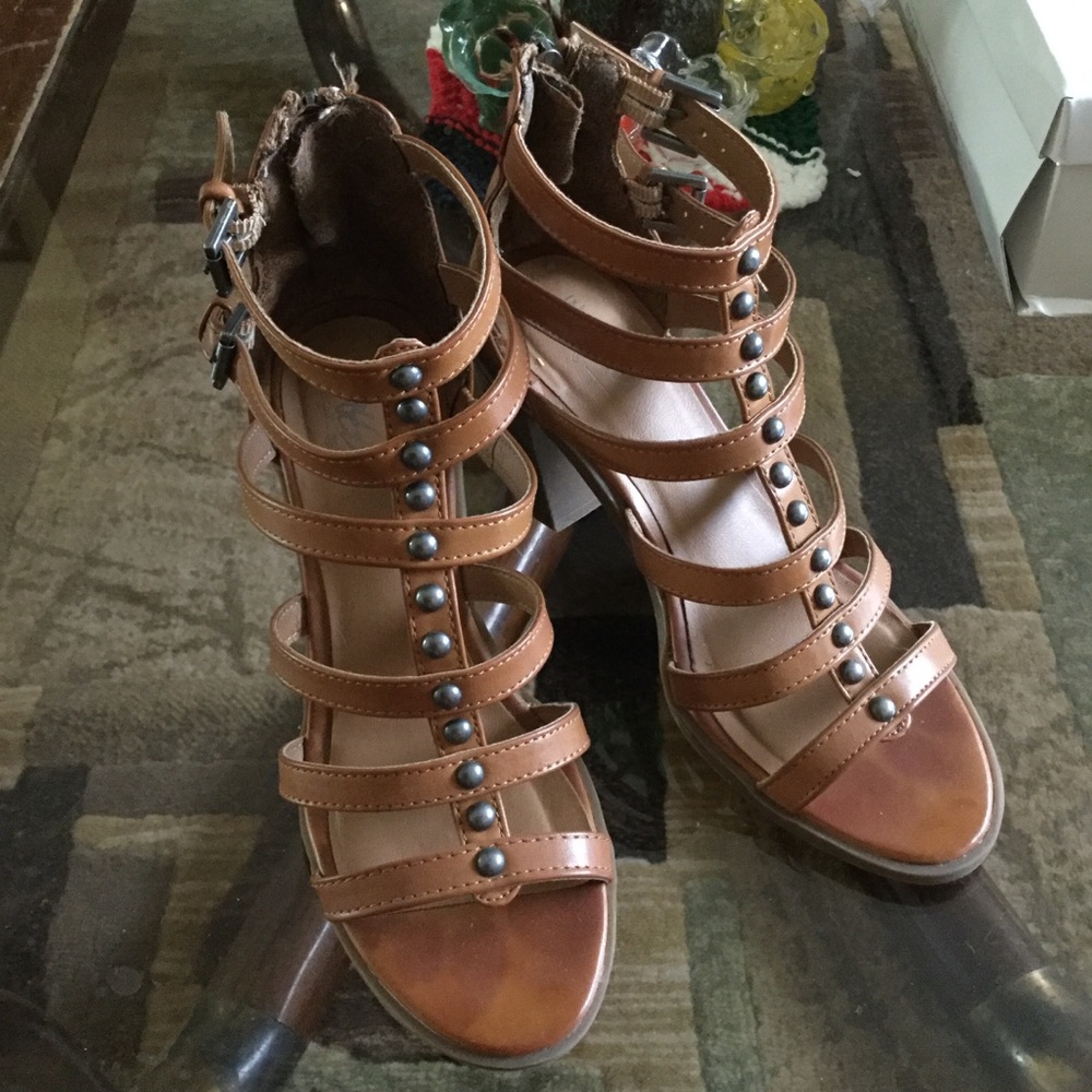 Cognac Strappy Stud Buckle Ankle Chunky Heel Shoe